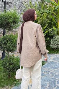 Pale Brown Shirt Collar Balloon Sleeve Arm Combed Fabric Unprinted Shirt