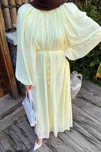 Lamelif Şifon Tesettür Elbise Sarı