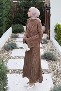 Lamelif Ajurlu Triko Tesettür Takım Kahve