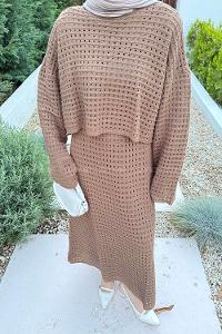 Lamelif Ajurlu Triko Tesettür Takım Kahve