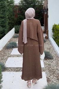 Lamelif Ajurlu Triko Tesettür Takım Kahve