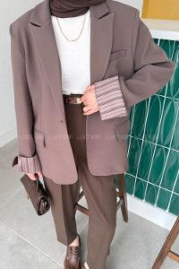 Lamelif Astarı Çizgili Atlas Ceket Kahverengi