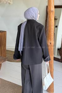 Lamelif Astarı Çizgili Atlas Ceket Siyah