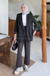Lamelif Çizgili Astarlı Tesettür Ceket Siyah