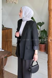 Lamelif Çizgili Astarlı Tesettür Ceket Siyah