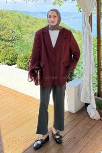 Lamelif Dekoratif Cep Detaylı Tesettür Ceket Bordo