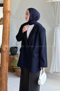 Lamelif Dekoratif Cep Detaylı Tesettür Ceket Lacivert