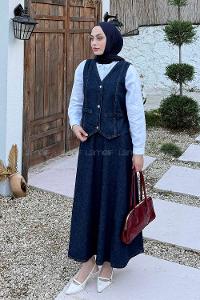 Lamelif Denim Yelek-Etek İkili Tesettür Takım Koyu Yıkama Mavi