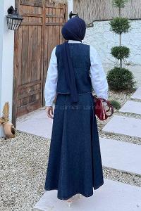 Lamelif Denim Yelek-Etek İkili Tesettür Takım Koyu Yıkama Mavi