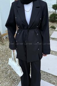 Lamelif Derin Pens Detaylı Tesettür Takım Siyah