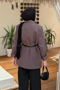 Lamelif Kemer Detaylı Atlas Ceket Kahverengi