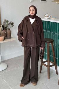 Lamelif Kruvaze Kısa Tesettür Trençkot Acı Kahve