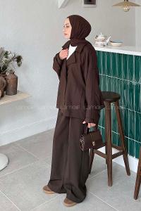 Lamelif Kruvaze Kısa Tesettür Trençkot Acı Kahve