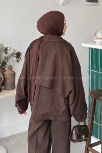 Lamelif Kruvaze Kısa Tesettür Trençkot Acı Kahve