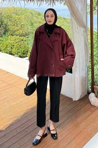 Claret Red Long Arm Viscose Fabric Elastan Polyester Trench Coat