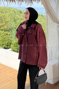 Claret Red Long Arm Viscose Fabric Elastan Polyester Trench Coat