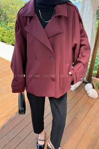 Claret Red Long Arm Viscose Fabric Elastan Polyester Trench Coat
