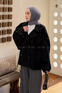Lamelif Kruvaze Kısa Tesettür Trençkot Siyah