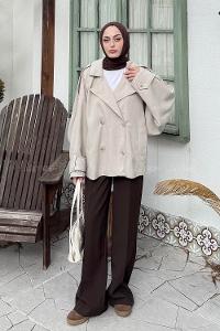 Lamelif Kruvaze Kısa Tesettür Trençkot Taş Rengi