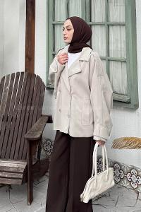 Lamelif Kruvaze Kısa Tesettür Trençkot Taş Rengi