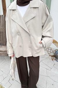 Lamelif Kruvaze Kısa Tesettür Trençkot Taş Rengi