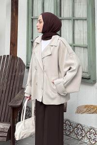 Lamelif Kruvaze Kısa Tesettür Trençkot Taş Rengi