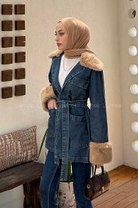 Lamelif Kürklü Kot Ceket Kot Mavisi