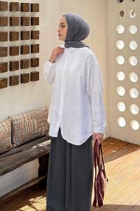 Lamelif Müslin Tesettür Gömlek Beyaz