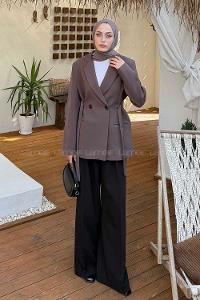 Brown Jacket Collar Long Arm Elastan Polyester Jacket