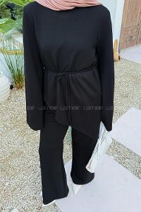 Black Crew Neck Long Arm Cotton Regular Trousers Comfortable Suit