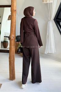 Lamelif Ceket-Pantolon İkili Tesettür Takım Acı Kahve