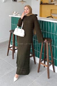 Lamelif Dantelli Triko Elbise Haki