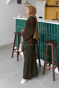 Lamelif Dantelli Triko Elbise Haki