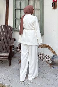 Lamelif Derin Pens Detaylı Tesettür Takım Beyaz