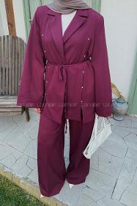 Pens Detaylı Tesettür Takım Bordo