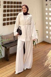 Lamelif Derin Pens Detaylı Tesettür Takım Taş Rengi