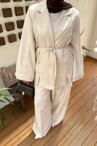 Lamelif Derin Pens Detaylı Tesettür Takım Taş Rengi