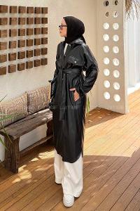 Lamelif Kuşaklı Deri Kaban Siyah