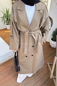 Lamelif Kuşaklı Poliviskon Trenç Karamel