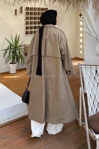 Lamelif Kuşaklı Poliviskon Trenç Karamel