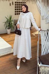 Lamelif Pile Detaylı Tesettür Tüvit Takım Bej