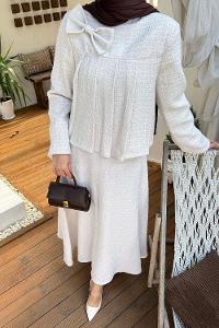 Lamelif Pile Detaylı Tesettür Tüvit Takım Bej