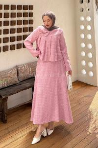 Lamelif Pile Detaylı Tesettür Tüvit Takım Pembe