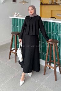 Lamelif Pile Detaylı Tesettür Tüvit Takım Siyah