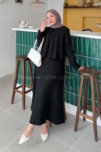 Lamelif Pile Detaylı Tesettür Tüvit Takım Siyah