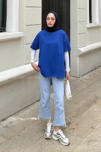 Lamelif Bsikilet Yaka İki İplik Tişört Saks Mavisi