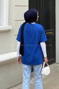 Lamelif Bsikilet Yaka İki İplik Tişört Saks Mavisi