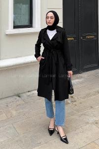Black Long Arm Lycra Suede Trench Coat