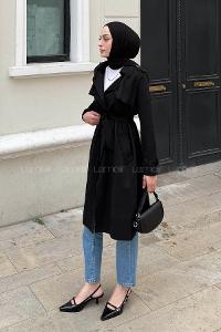 Black Long Arm Lycra Suede Trench Coat