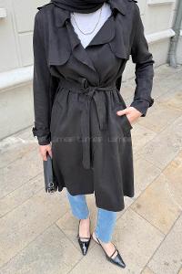 Black Long Arm Lycra Suede Trench Coat